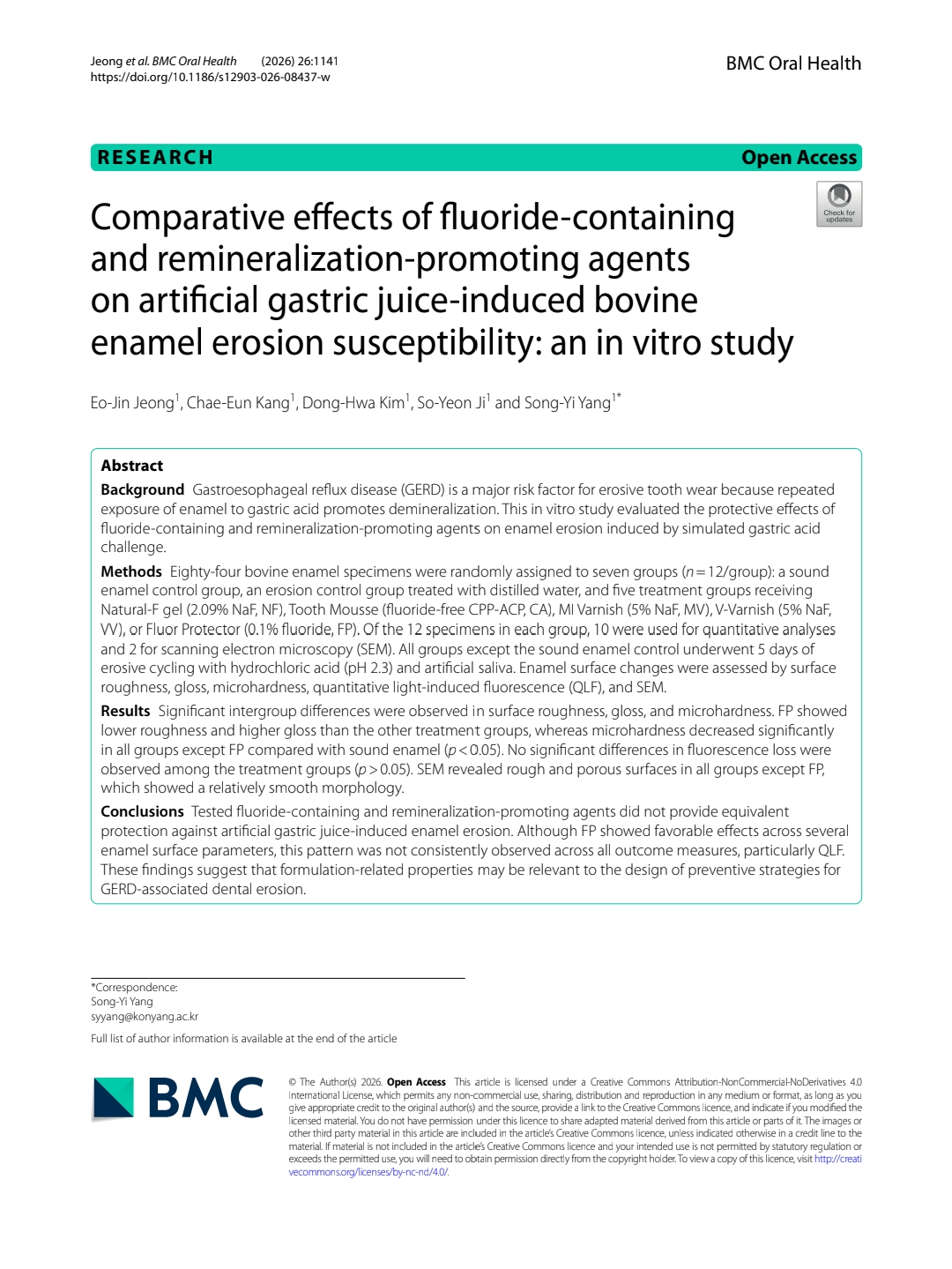 4학년 학생 주도 연구, SCI(E)급 국제학술지 『BMC Oral Health』 게재